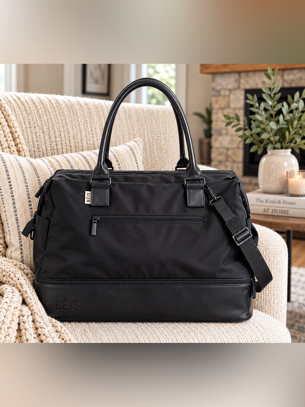 BÉIS The Weekender Bag Black Travel Carry On Overnight Bag Shoe Compartment